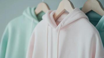 Cozy hoodies displayed in stylish pastel colors on hangers photo