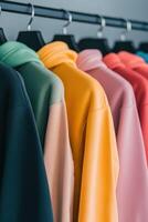 Colorful hoodies hung on display in a retail shop photo