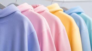 Colorful sweatshirts hanging on display in a boutique photo