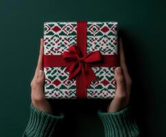 Beautifully wrapped gift held in hands with a festive design photo