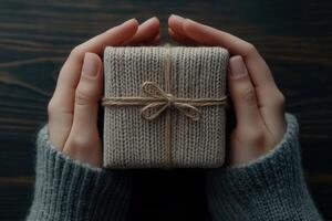 regalo envuelto con cuidado en calentar manos en de madera mesa foto