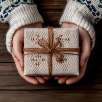Gift-wrapped present held by hands in cozy setting photo