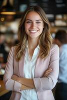 Young woman smiling in a cafe during the afternoon photo