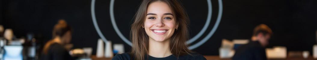 Young woman smiles happily while working at a cafe photo