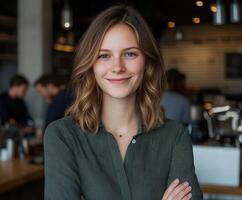 Young woman smiles confidently in a cozy cafe setting photo