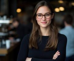 Confident woman in a cafe with glasses and a warm smile photo