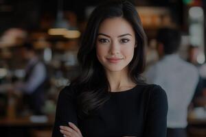 Confident woman smiling in a modern cafe setting photo