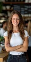 Smiling woman with long hair in a cozy cafe setting photo