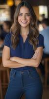 Young woman smiling confidently in a modern cafe setting photo