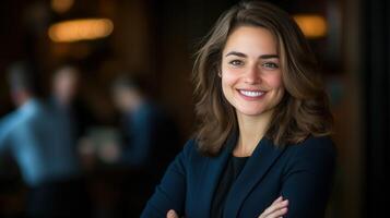 Confident young woman smiles warmly in relaxed setting photo