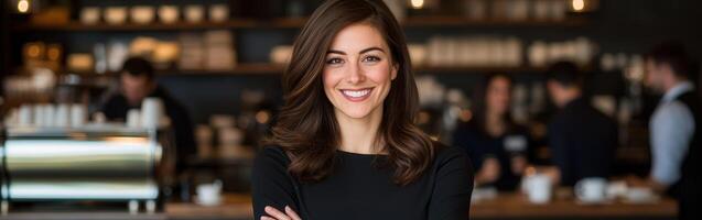 Smiling woman in a cafe engages with customers and staff photo