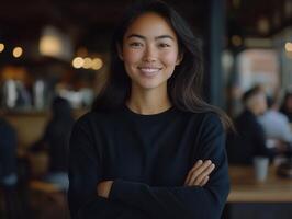 Smiling woman poses confidently in casual coffee shop setting photo