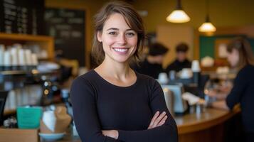 Barista smiles proudly in bustling coffee shop setting photo