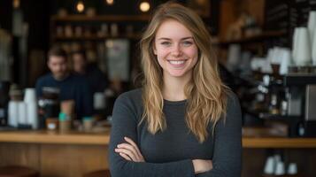 Young woman smiling in a cozy coffee shop setting photo