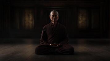 Meditating monk in tranquil dark space at dusk photo
