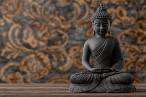 Serene Buddha statue on a wooden table with ornate background photo