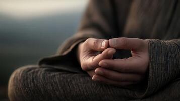 Hands in meditation practice during sunrise at a mountain photo
