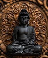 Elegant black Buddha statue against ornate wood background photo