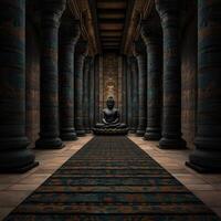 Buddha statue in a serene temple corridor with intricate design photo