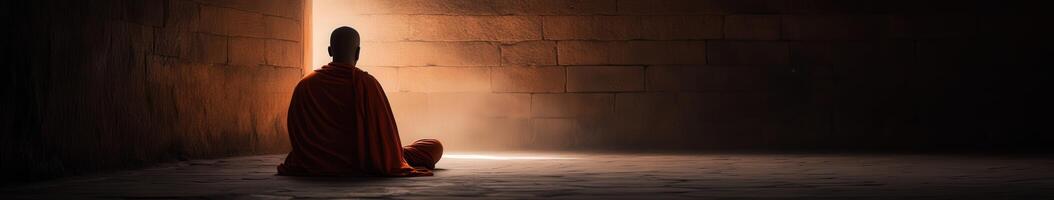 Monk meditating in a dimly lit ancient temple photo