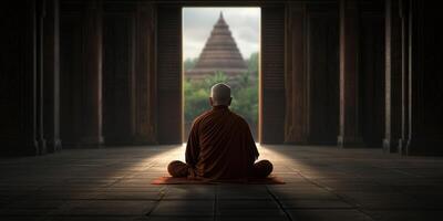 Monk meditating in a serene temple with a beautiful view photo
