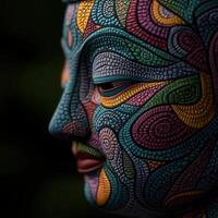 Colorful face sculpture with intricate patterns and details photo