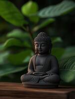 Calm buddha statue on wooden surface surrounded by greenery photo