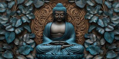 Meditative Buddha surrounded by intricate leaves and patterns photo