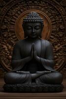Black Buddha statue in meditative pose with intricate backdrop photo