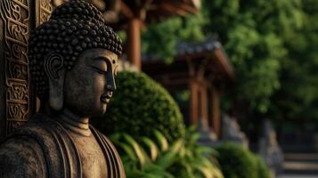 Buddha statue amidst lush greenery in a tranquil garden setting photo