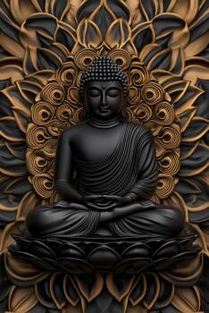 Serene black Buddha statue surrounded by ornate design photo