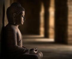 Serene buddha statue in a tranquil temple corridor photo