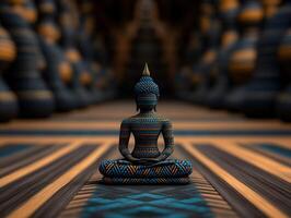 Intricate Buddha sculpture in colorful meditation space photo
