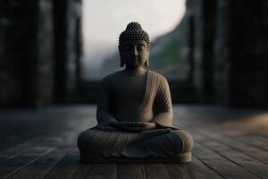 Serene Buddha statue in tranquil garden at dusk photo