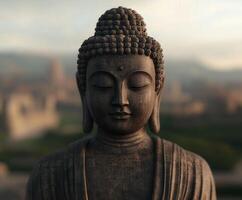 Serene Buddha statue overlooking an ancient landscape at dusk photo