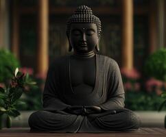 Serene black Buddha statue in a peaceful garden setting photo