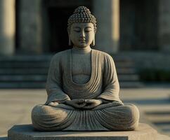Serene stone Buddha statue in quiet temple courtyard photo