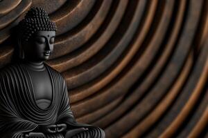 Serene black Buddha statue against textured brown background photo
