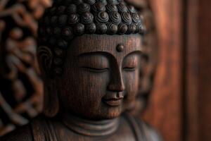 Intricate wood carving of a serene Buddha figure photo