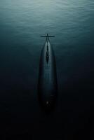 Submarine navigating through deep ocean waters at night photo