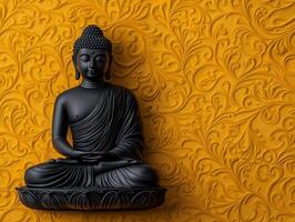 Black Buddha statue against ornate yellow wall design photo