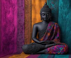 Serene Buddha statue surrounded by vibrant fabric backdrop photo