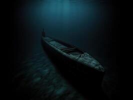 Submarine resting on ocean floor at twilight photo