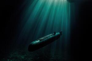 Submarine gliding through deep ocean waters with sunlight rays photo
