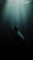 Submarine gliding through dark ocean depths with sunlight beams photo