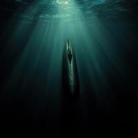 Submarine navigating in deep ocean waters with sunlight beams photo