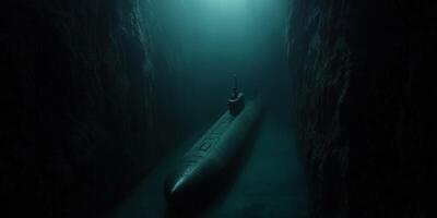 Submarine navigating through deep underwater canyon photo
