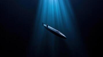 Submarine navigating underwater with beams of light above photo