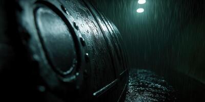 Submarine interior showing wet surfaces in low light photo