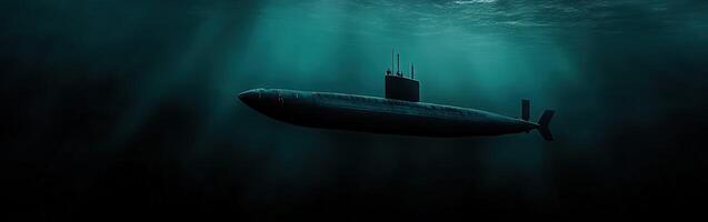 Submarine navigating through dark ocean waters photo